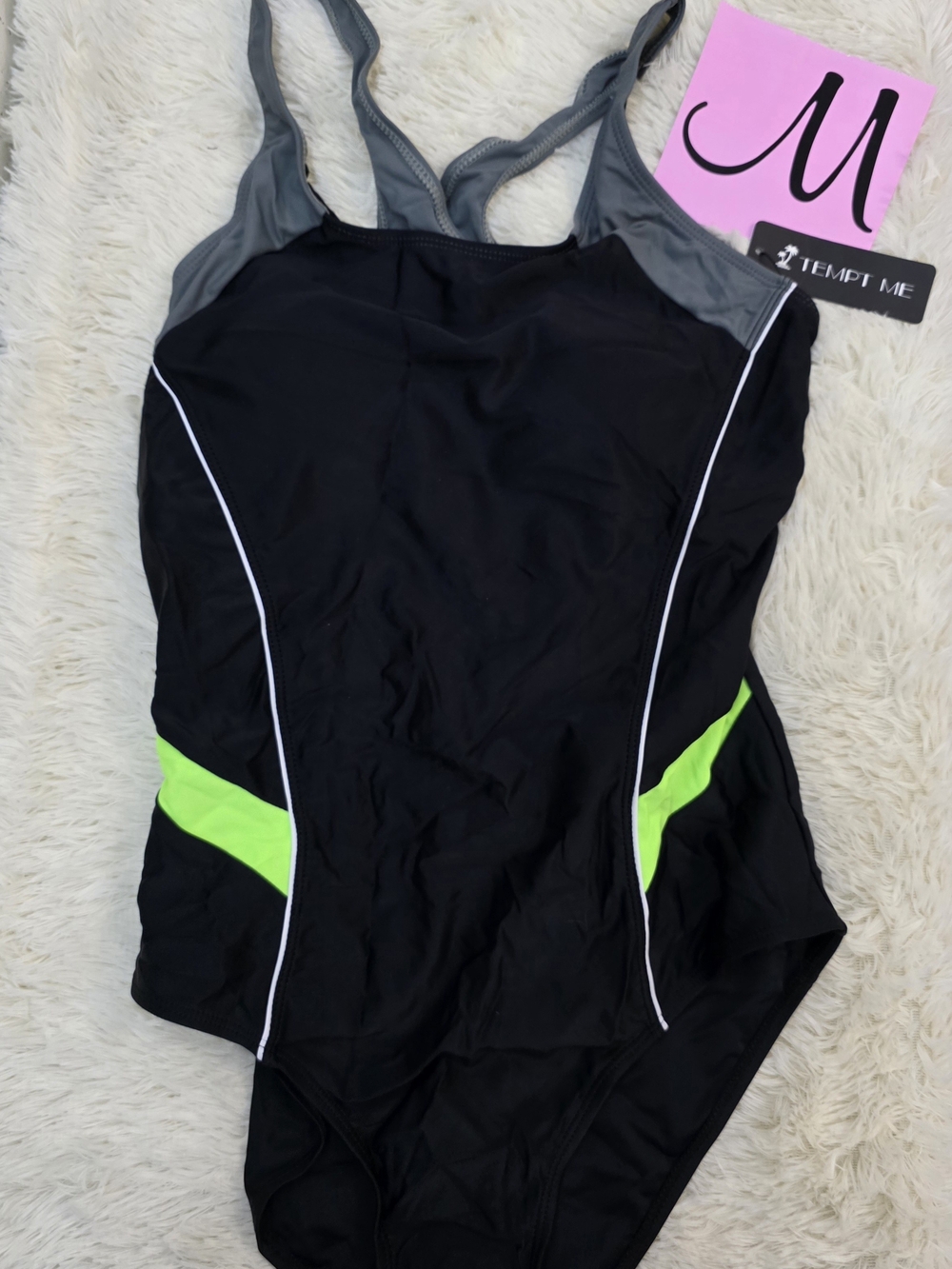 Tempt Me Black & Gray One-Piece Swimsuit with Neon Green Accents